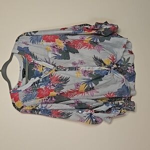Zac & Rachel Tie Front Button blouse Stripe tropical floral Casual 2X EUC 🎯